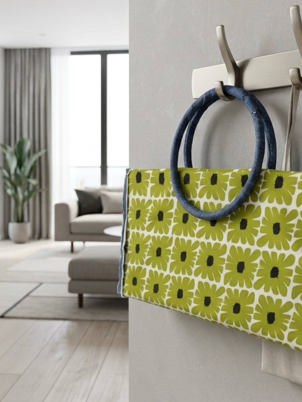 Floral Green Canvas Tote with Blue Rope Handles